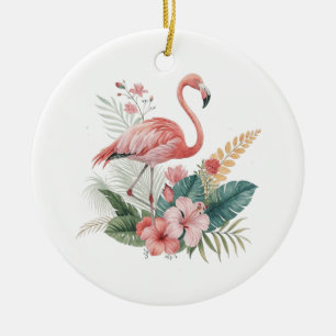 Flamingo mit Blumen Keramik Ornament