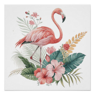 Flamingo mit Blumen Poster