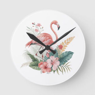Flamingo mit Blumen Runde Wanduhr