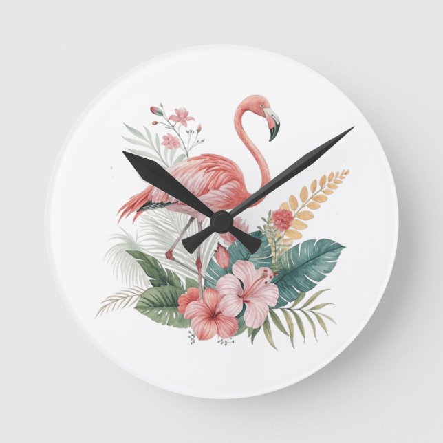 Flamingo mit Blumen Runde Wanduhr (Vorderseite)