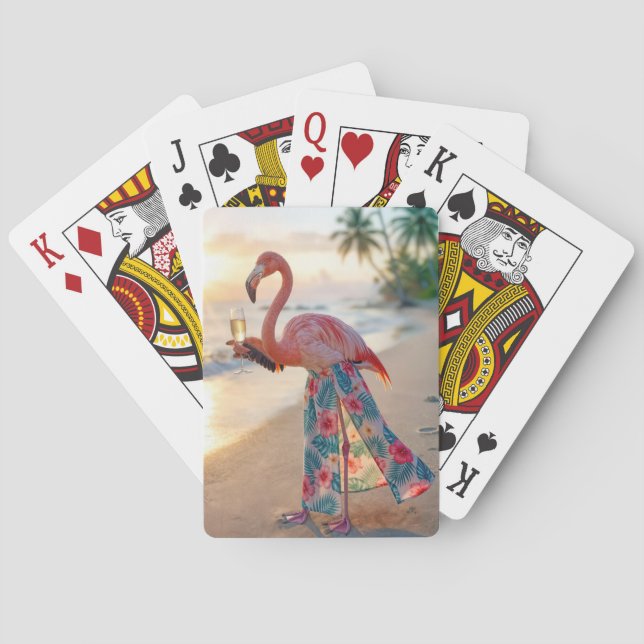 Flamingo mit Champagner auf einem Strand Spielkarten (Rückseite)