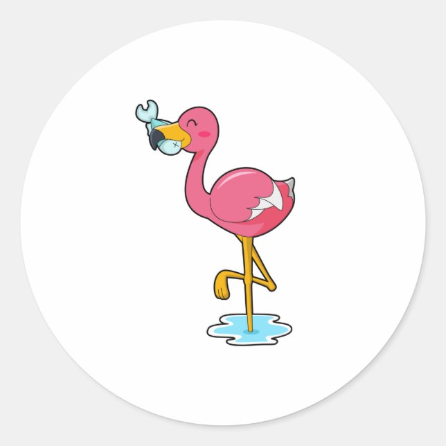 Flamingo mit Fisch Runder Aufkleber (Vorderseite)