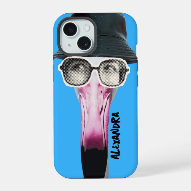 Flamingo mit Funky Glasses, einzigartiges Tier iPhone 15 Hülle (Rückseite)