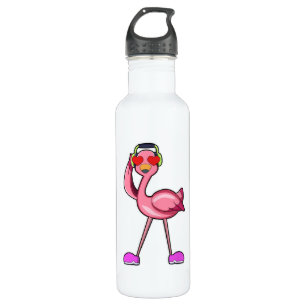 Flamingo mit Kopfhörer und Herz Edelstahlflasche