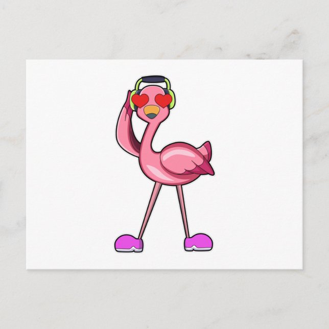 Flamingo mit Kopfhörer und Herz Postkarte (Vorderseite)