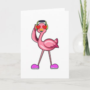 Flamingo mit Kopfhörer und Herzen Karte