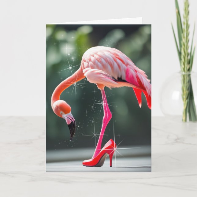 Flamingo mit rotem High Heel Schuh Karte (Vorderseite)