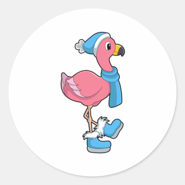 Flamingo mit Scarf & Hat Runder Aufkleber (Vorderseite)