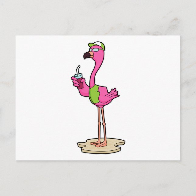 Flamingo mit Sonnenbrille & Cap Postkarte (Vorderseite)