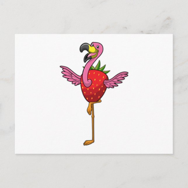 Flamingo mit Strawberry Postkarte (Vorderseite)