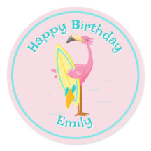 Flamingo mit Surfboard Pink