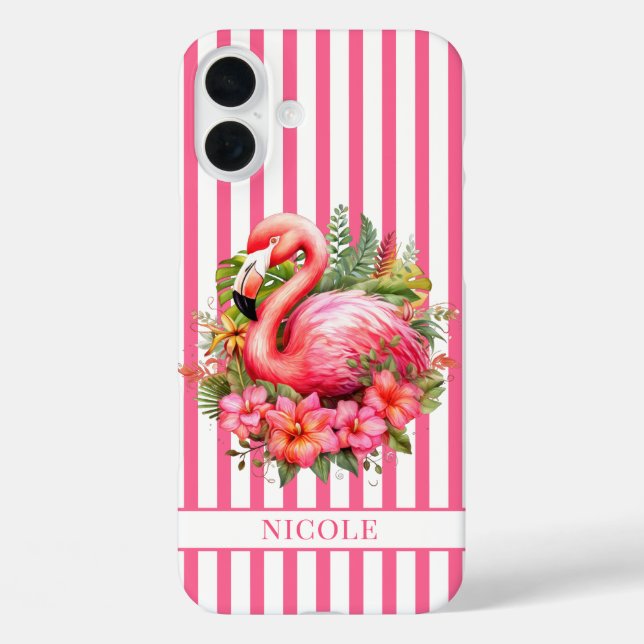 Flamingo mit tropischen Blumen auf Streifen Case-Mate iPhone Hülle (Rückseite)