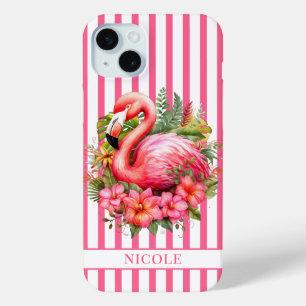 Flamingo mit tropischen Blumen auf Streifen Case-Mate iPhone Hülle