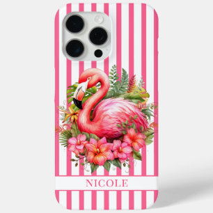 Flamingo mit tropischen Blumen auf Streifen Case-Mate iPhone Hülle