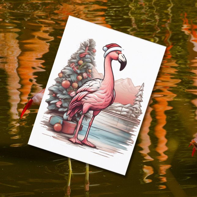 Flamingo mit Weihnachtsmannmütze neben Weihnachtsb Postkarte (Von Creator hochgeladen)
