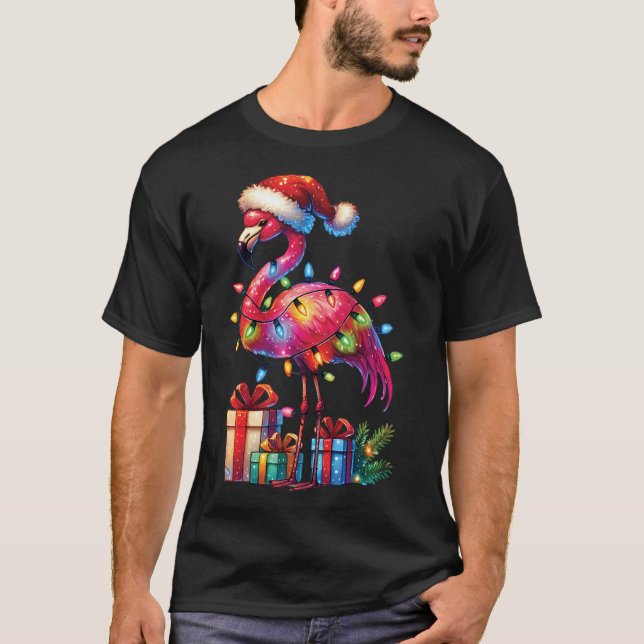 Flamingo mit Weihnachtsmannmütze Weihnachten Tropi T-Shirt (Vorderseite)