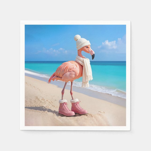 Flamingo mit Winter-Schal und Hut Serviette (Vorderseite)