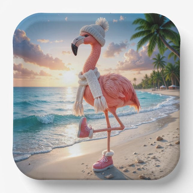 Flamingo mit Winterstiefeln und Schal Pappteller (Vorderseite)