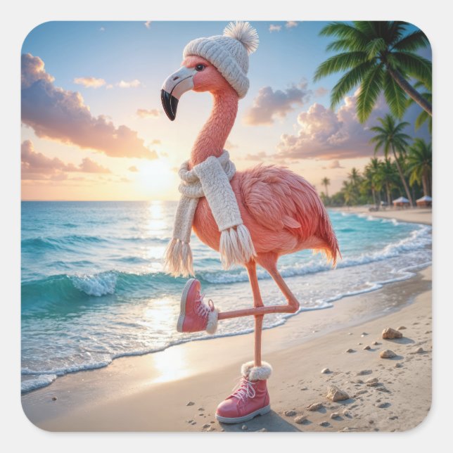 Flamingo mit Winterstiefeln und Schal Quadratischer Aufkleber (Vorderseite)