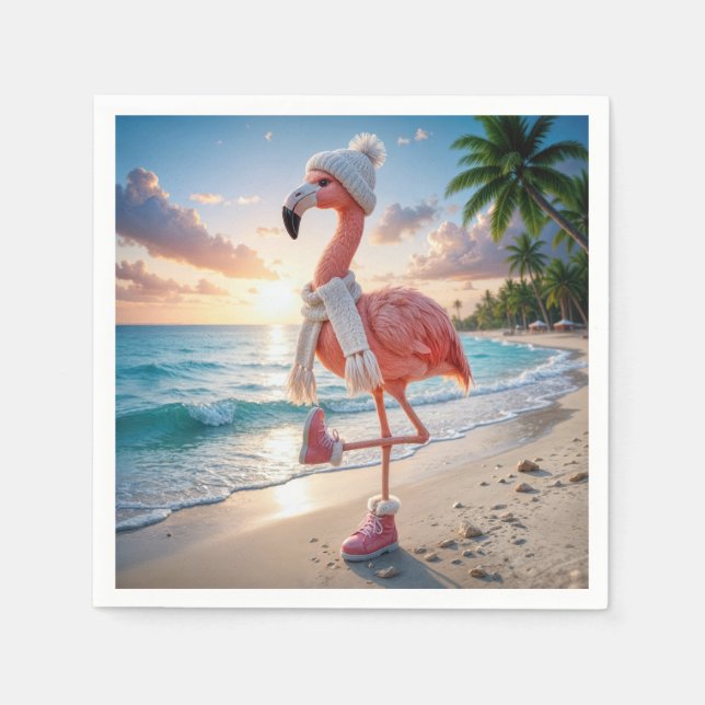 Flamingo mit Winterstiefeln und Schal Serviette (Vorderseite)