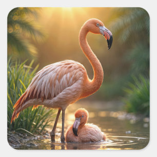 Flamingo Mother und Chick Quadratischer Aufkleber
