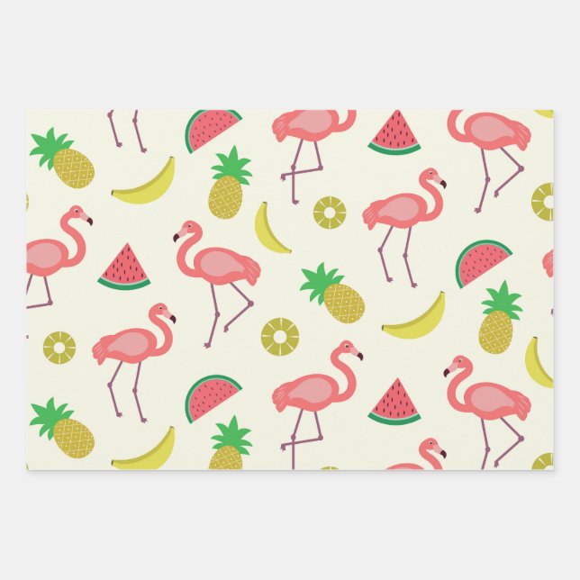 Flamingo Muster mit Watermelon und Ananas Geschenkpapier Set (Vorderseite)
