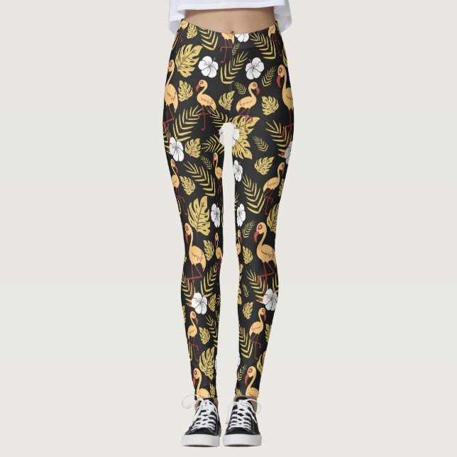 Flamingo nahtlose gelb-weiße Blume Leggings (Vorderseite)