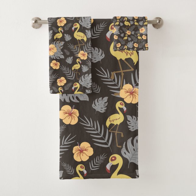 Flamingo nahtloses Muster mit Blume und Blätter Badhandtuch Set (Insitu)