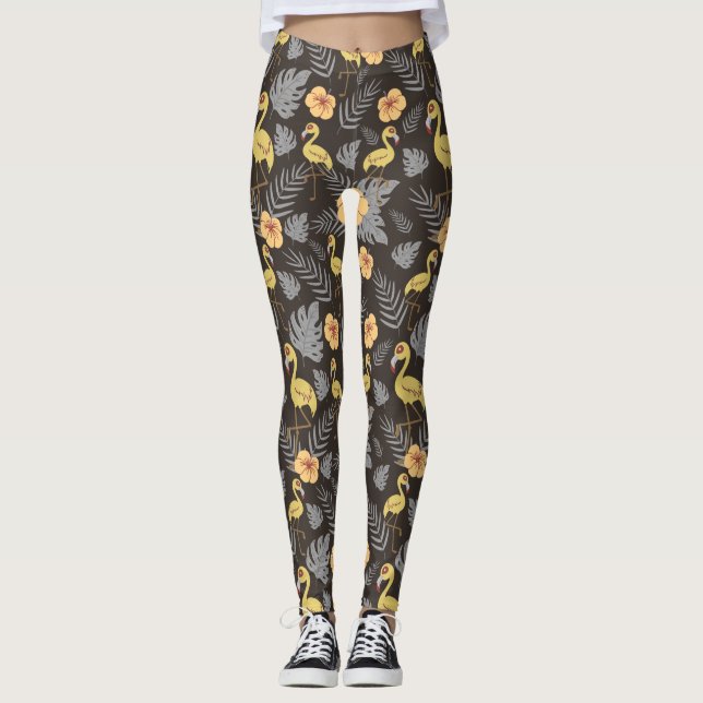 Flamingo nahtloses Muster mit Blume und Blätter Leggings (Vorderseite)