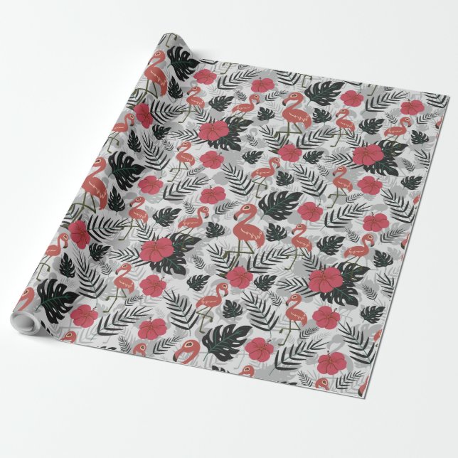 Flamingo nahtloses Muster mit blumengeschmücktem H Geschenkpapier (Ungerollt)