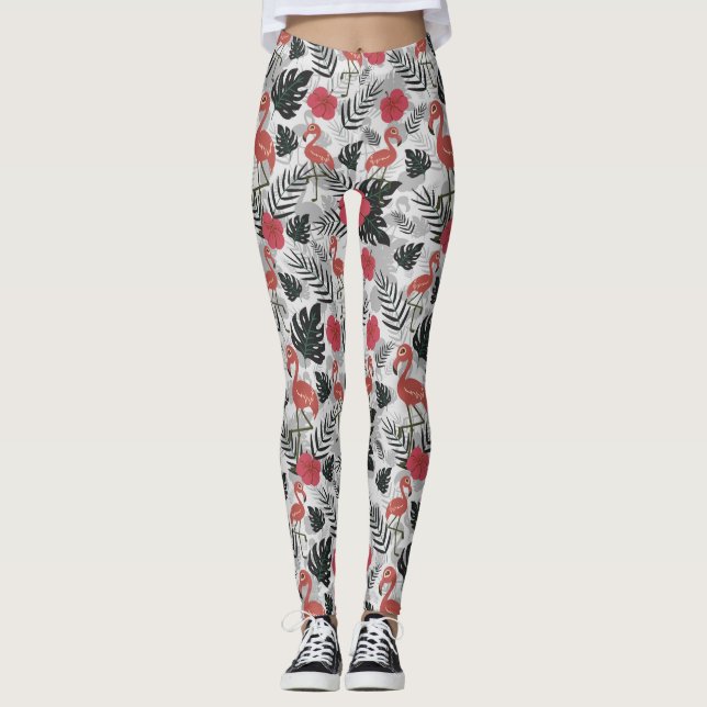 Flamingo nahtloses Muster mit blumengeschmücktem H Leggings (Vorderseite)
