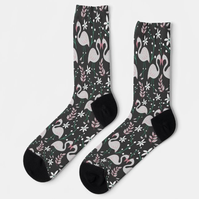 Flamingo nahtloses Muster weiß auf dunklem Hinterg Socken (Linkes Detail)