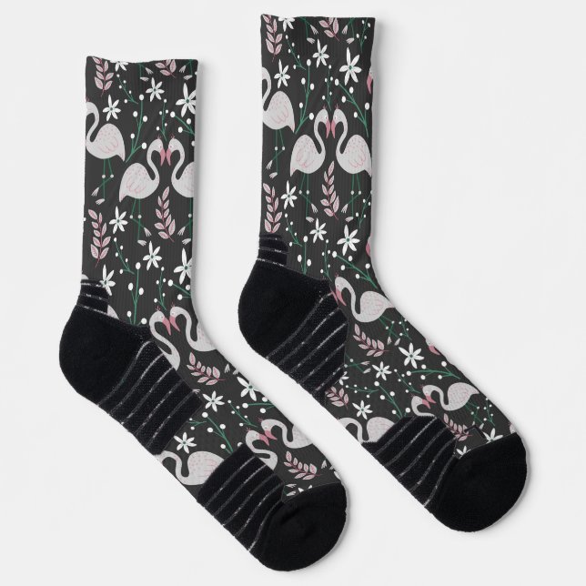 Flamingo nahtloses Muster weiß auf dunklem Hinterg Socken (Rechts)