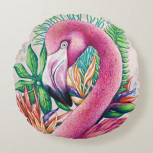 Flamingo Niedlich Tropical Pink Round Kissen