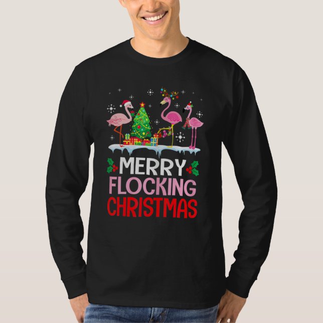 Flamingo Noel Hats Dancing On Snow Merry Flocking  T-Shirt (Vorderseite)
