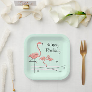 Flamingo Ocean Aqua Trio 4 Happy Birthday Square Pappteller