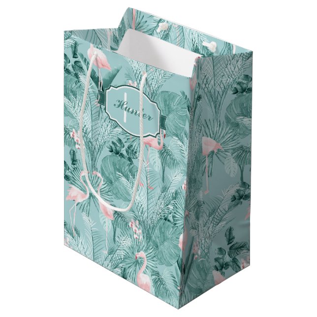 Flamingo Orchid Tropical Pattern Aquamarin ID868 Mittlere Geschenktüte (Vorderseite Schrägansicht)