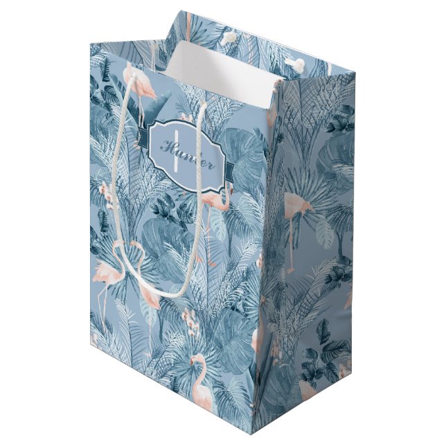 Flamingo Orchid Tropical Pattern Blue ID868 Mittlere Geschenktüte (Vorderseite Schrägansicht)