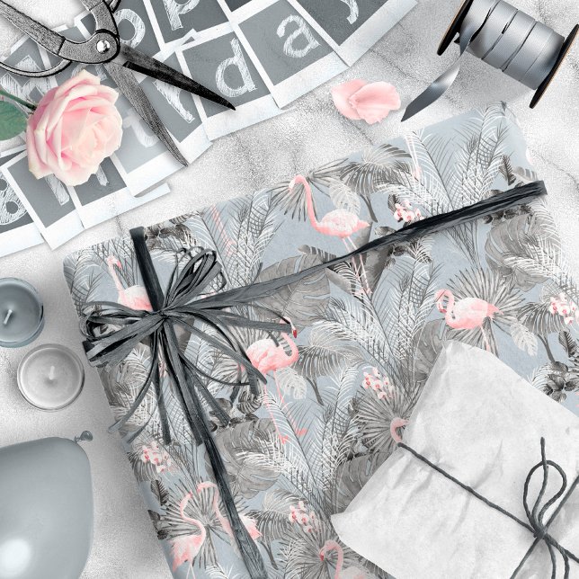 Flamingo Orchid Tropical Pattern Gray ID868 Geschenkpapier (Von Creator hochgeladen)