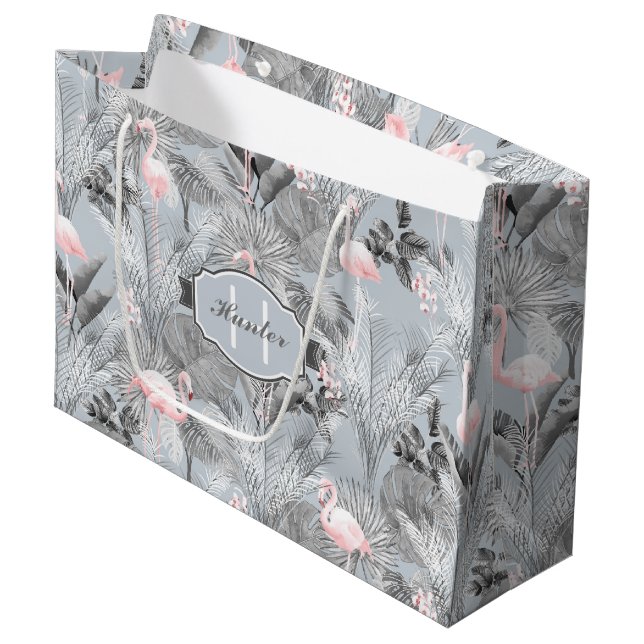 Flamingo Orchid Tropical Pattern Gray ID868 Große Geschenktüte (Vorderseite Schrägansicht)