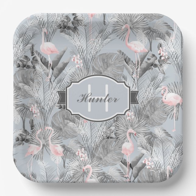 Flamingo Orchid Tropical Pattern Gray ID868 Pappteller (Vorderseite)