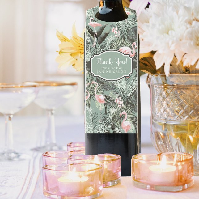 Flamingo Orchid Tropical Pattern Sage ID868 Flaschenanhänger (Wine Bottle In Situ)
