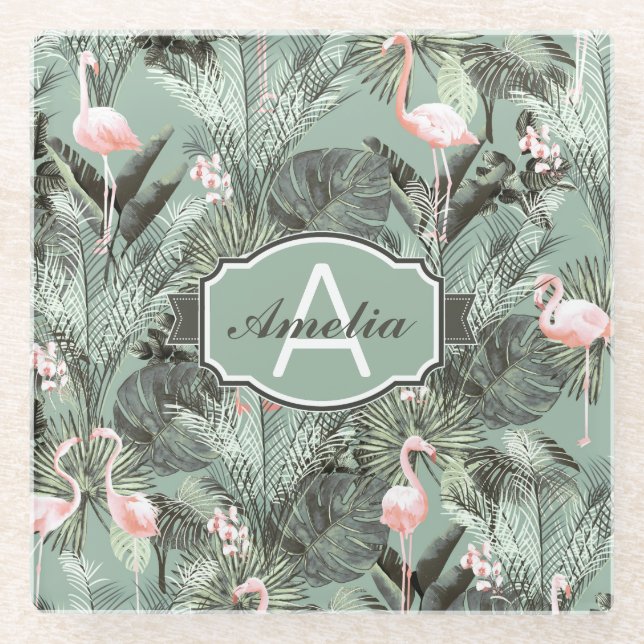 Flamingo Orchid Tropical Pattern Sage ID868 Glasuntersetzer (Vorderseite)