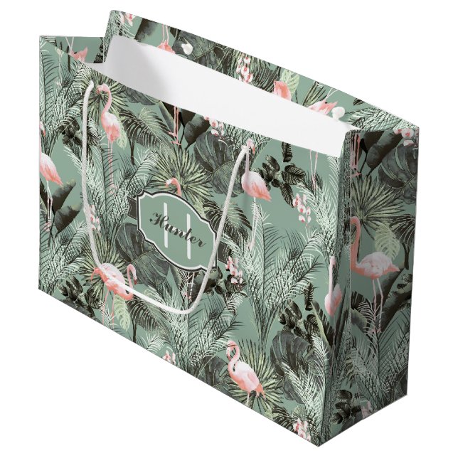 Flamingo Orchid Tropical Pattern Sage ID868 Große Geschenktüte (Vorderseite Schrägansicht)