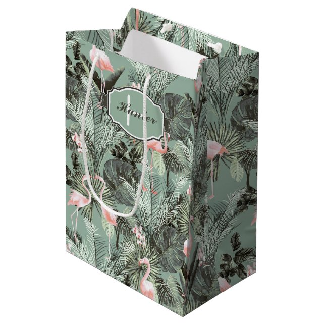Flamingo Orchid Tropical Pattern Sage ID868 Mittlere Geschenktüte (Vorderseite Schrägansicht)