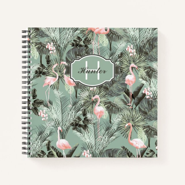Flamingo Orchid Tropical Pattern Sage ID868 Notizbuch (Vorderseite)