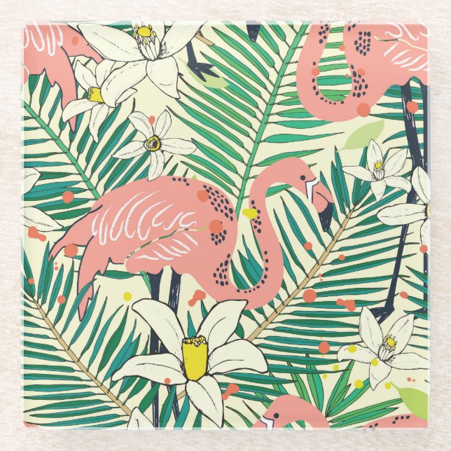 Flamingo Palm Blätter: Tropisch Vintag Glasuntersetzer (Vorderseite)