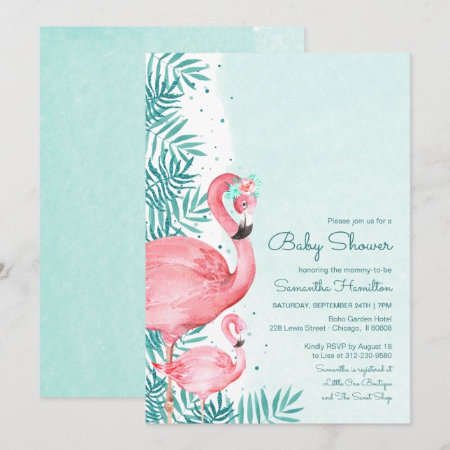 Flamingo & Palm Blätter Watercolor Babydusche Einladung (Vorne/Hinten)