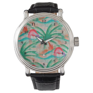 Flamingo Palm Tree Burlap Look Armbanduhr
