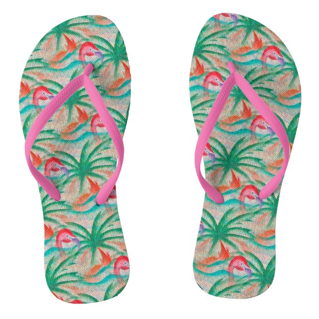 Flamingo Palm Tree Burlap Look Flip Flops (Fußbett)